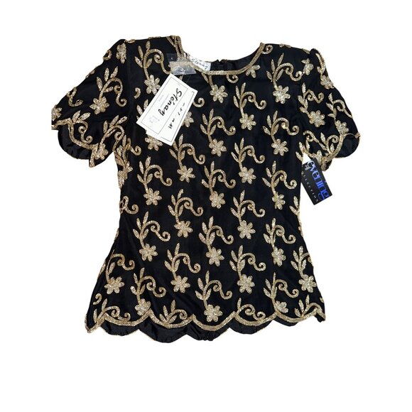 Stenay Small Black Gold All Silk Beaded Sequin Floral Blouse Vintage Evening Top - Picture 9 of 13